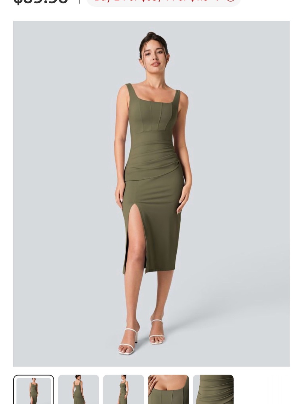Halara Square Neck Backless Corset Ruched Split Dress in Withered Green